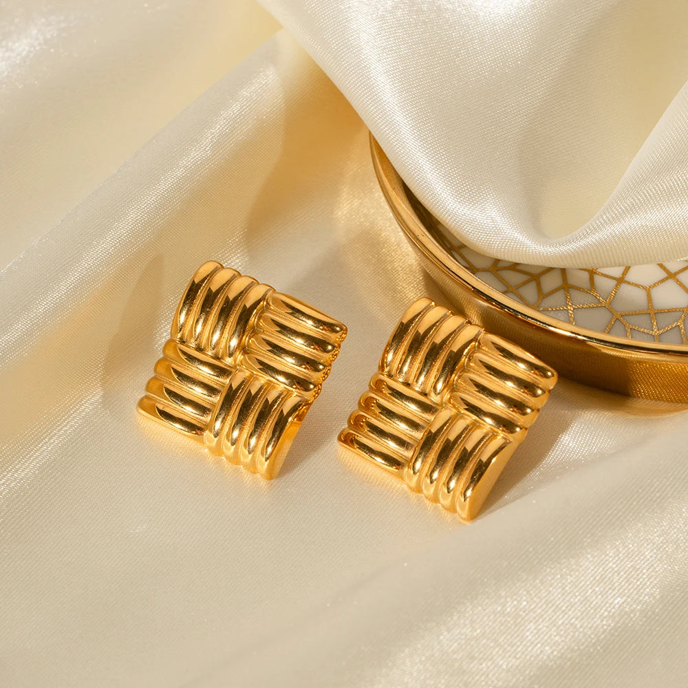 BlackPluss | Vintage Style Stainless Steel Women's Earrings 18k Gold Plating Square Textured Personalised Chic Women's Jewellery