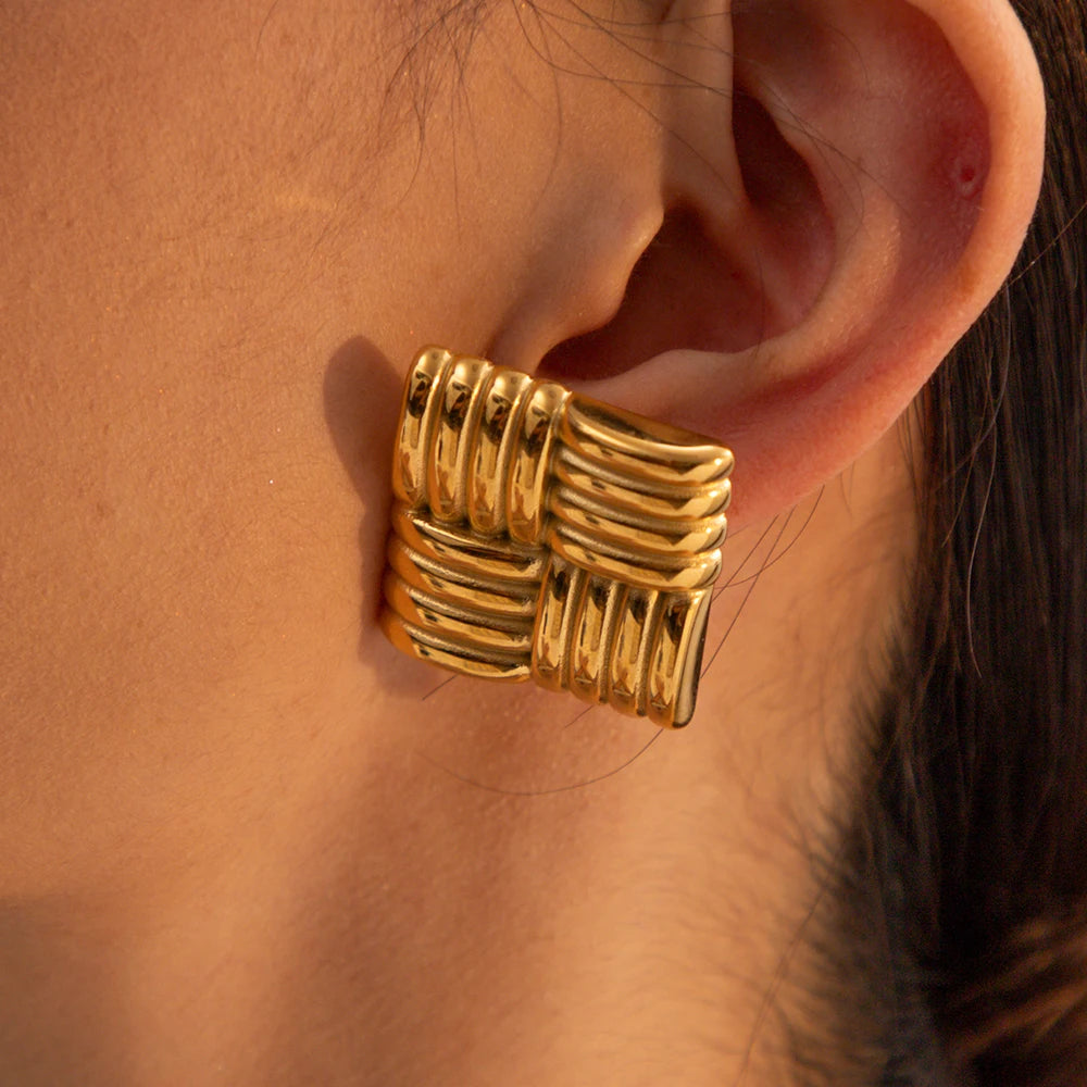 BlackPluss | Vintage Style Stainless Steel Women's Earrings 18k Gold Plating Square Textured Personalised Chic Women's Jewellery