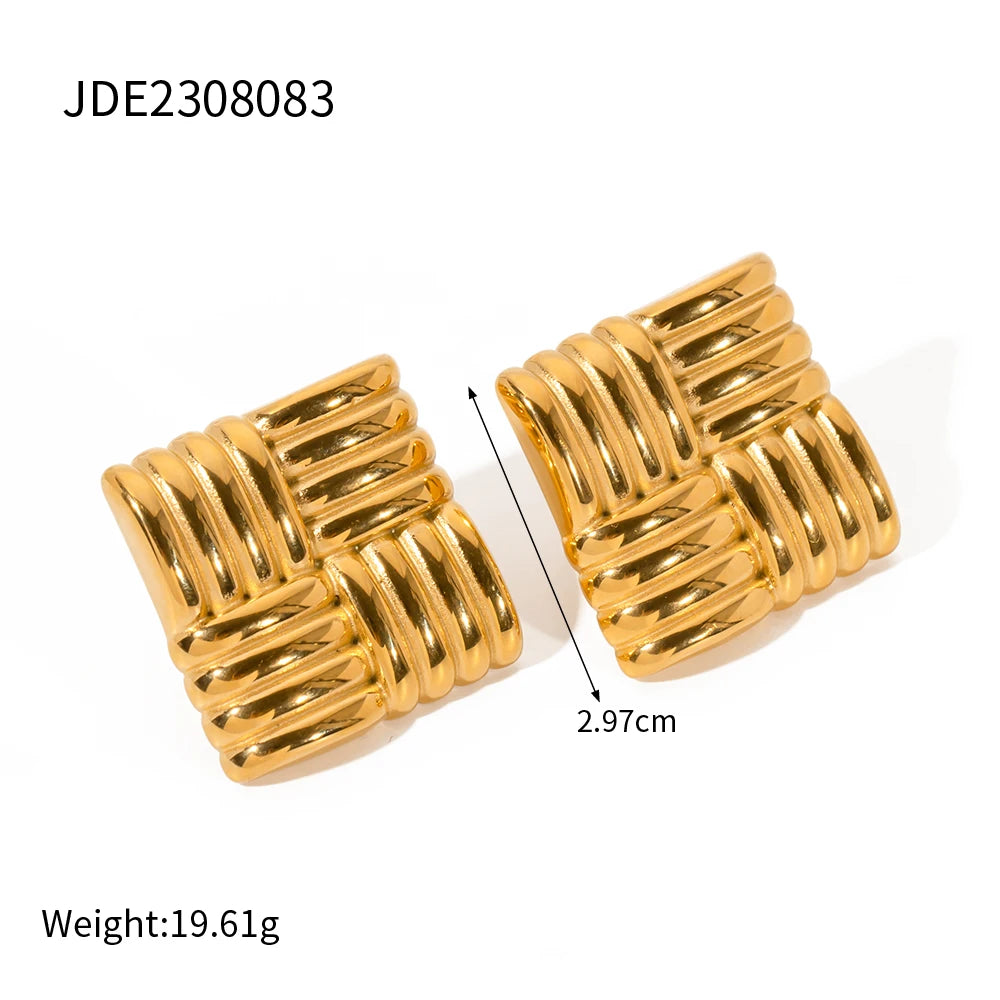 BlackPluss | Vintage Style Stainless Steel Women's Earrings 18k Gold Plating Square Textured Personalised Chic Women's Jewellery