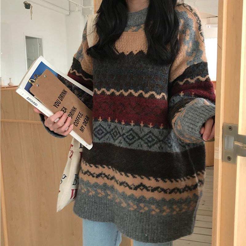 BlackPluss - Vintage Sweaters Women Pullover Winter Striped Jumpers