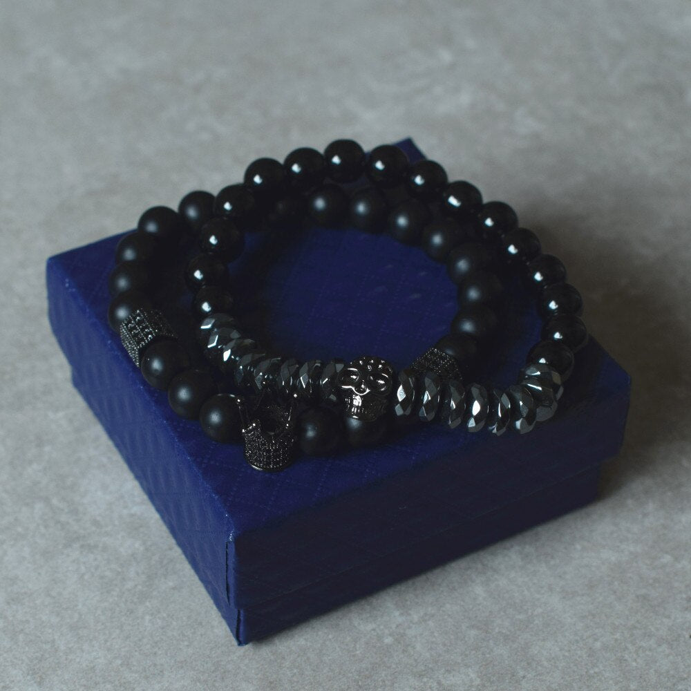 BlackPluss - Matte Stone Beads Skull Bracelet Set Crown.