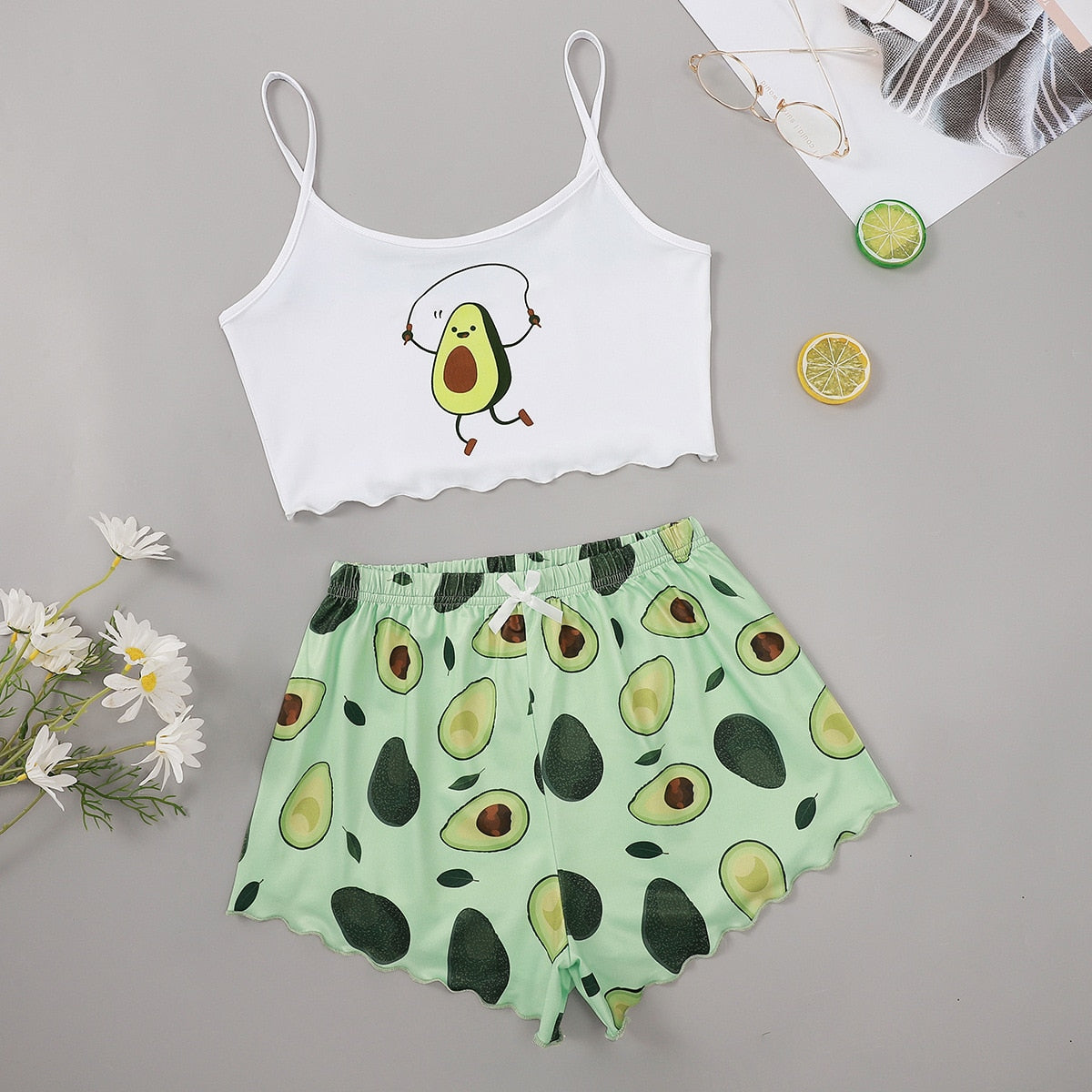 BlackPluss - Spaghetti Strap Letter Print Pajama Set Sleeveless Trim Pyjamas.