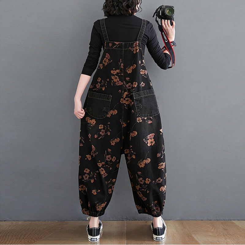 Black Pluss - Casual Oversized Baggy Ladies Pants Big Pockets Print Floral Denim.