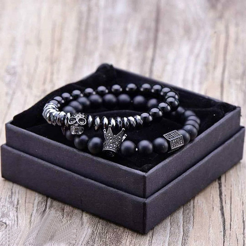 BlackPluss - Bracelet Men Accessories Matte Oxyn Stone Beads Skull Erkek Bileklik .