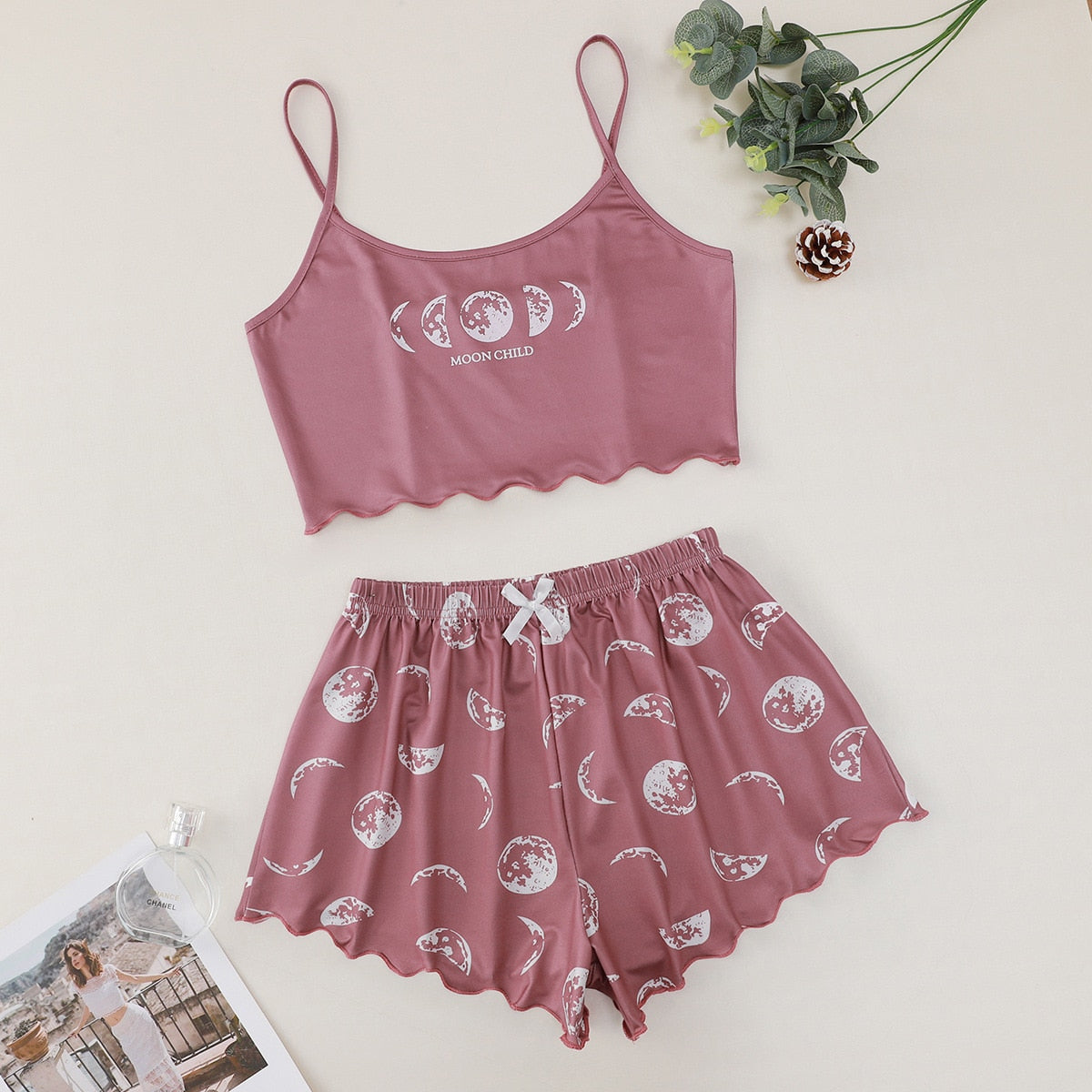 BlackPluss - Spaghetti Strap Letter Print Pajama Set Sleeveless Trim Pyjamas.