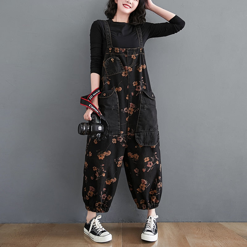 Black Pluss - Casual Oversized Baggy Ladies Pants Big Pockets Print Floral Denim.