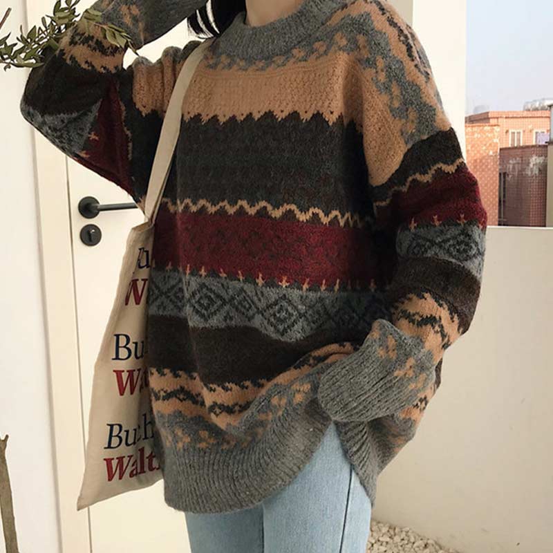 BlackPluss - Vintage Sweaters Women Pullover Winter Striped Jumpers