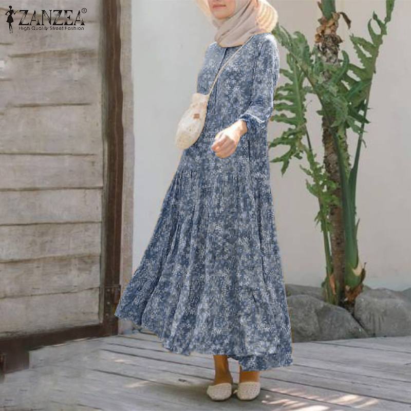 BlackPluss - Retro Floral Print Muslim Dress Womens Fashion Rayon Long Vestidos Casual Loose Ruffle Dresses