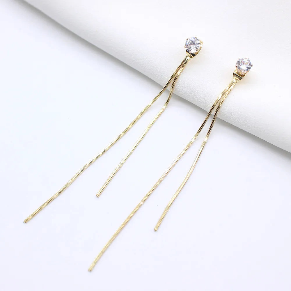 BlackPluss - Gold Color Long Crystal Tassel Dangle Earrings for Women