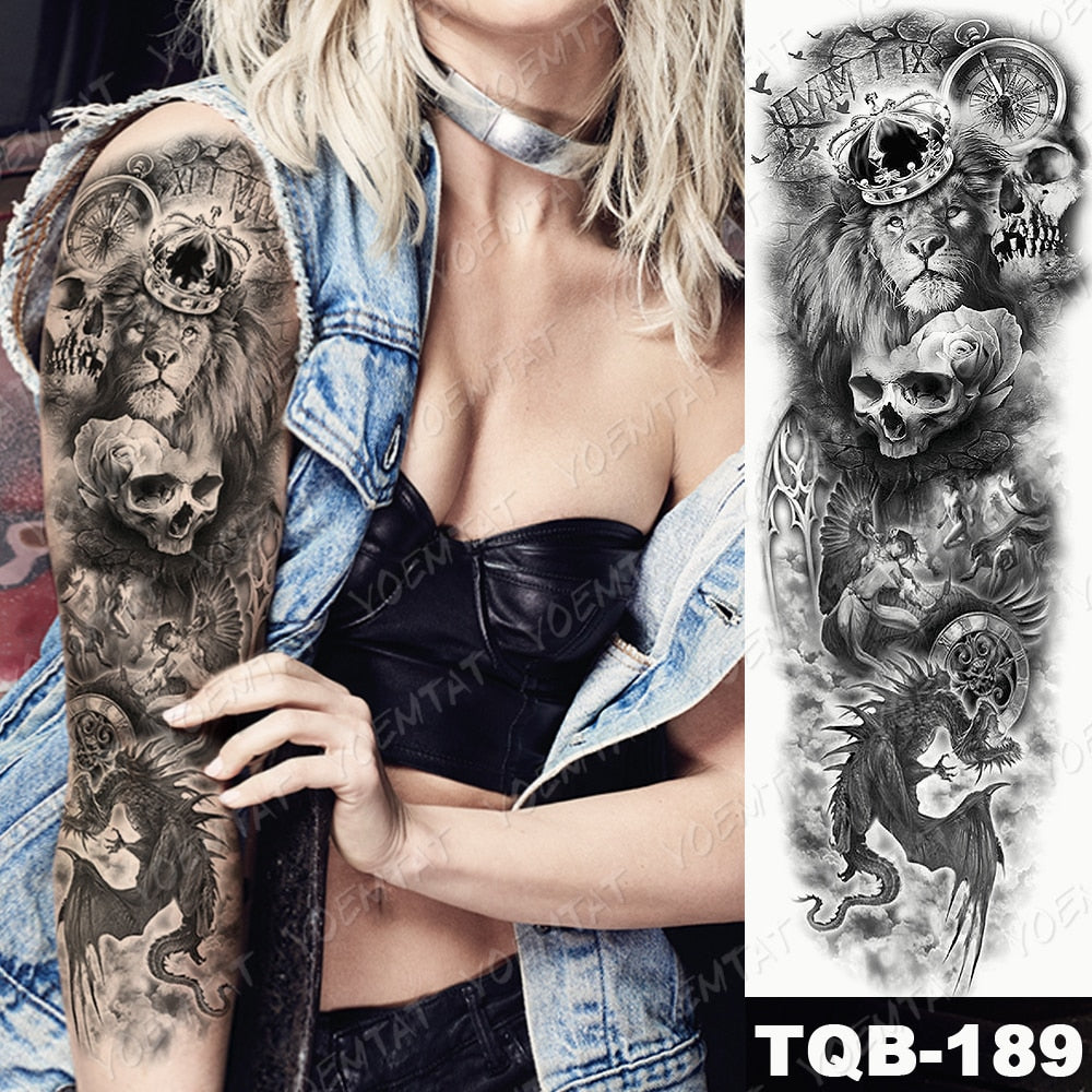 BlackPluss - Large Arm Sleeve Tattoo Lion Crown King Rose Waterproof