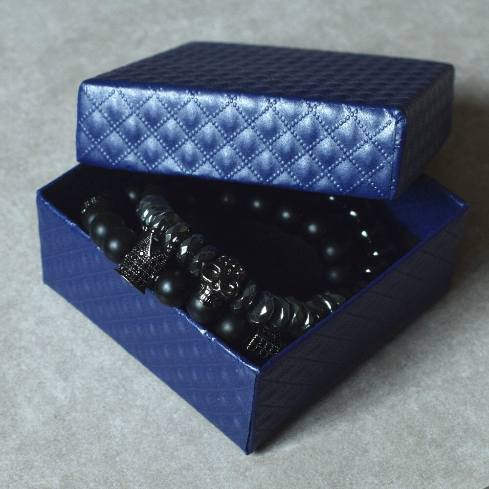 BlackPluss - Matte Stone Beads Skull Bracelet Set Crown.