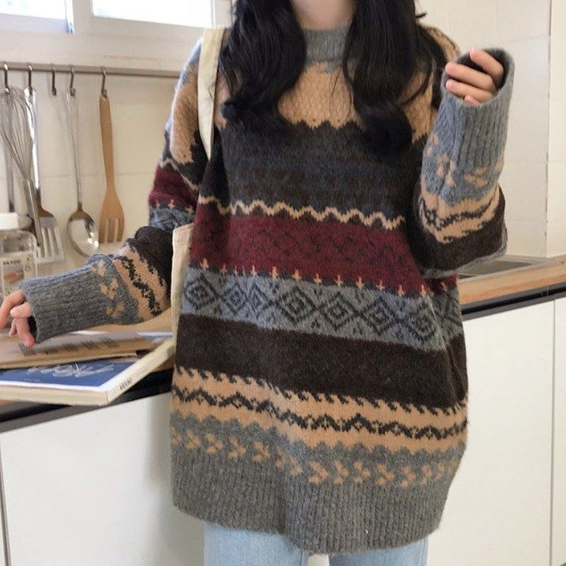 BlackPluss - Vintage Sweaters Women Pullover Winter Striped Jumpers