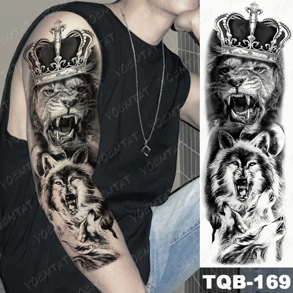 BlackPluss - Large Arm Sleeve Tattoo Lion Crown King Rose Waterproof