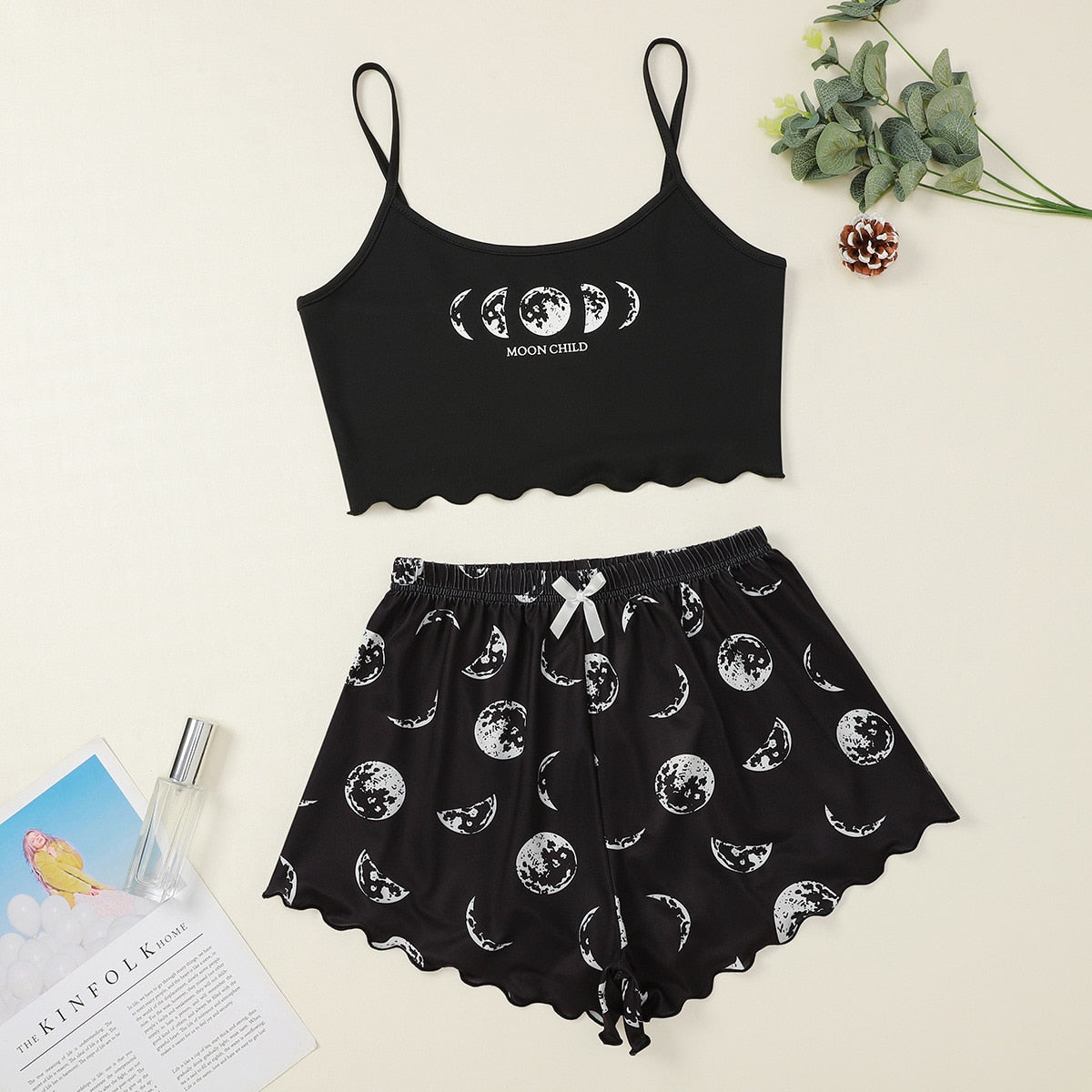 BlackPluss - Spaghetti Strap Letter Print Pajama Set Sleeveless Trim Pyjamas.