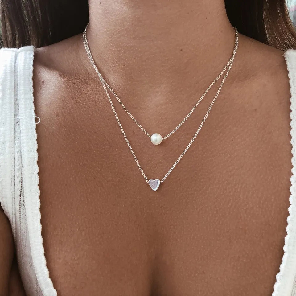 BlackPluss - Double Layer Necklace For Women Imitation Pearl Crystal Heart Pendant.