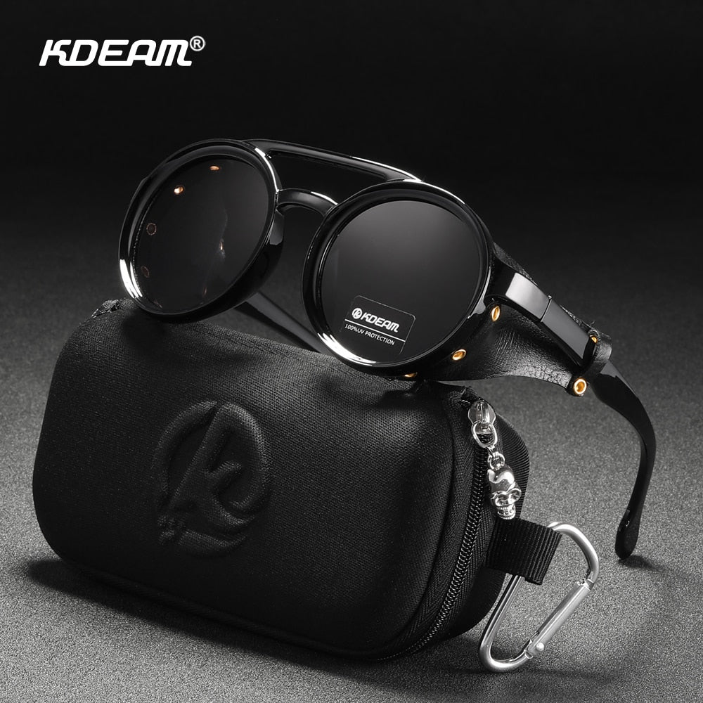 BlackPluss - Vintage Round Sunglasses Men Leather Shield Sun Glasses