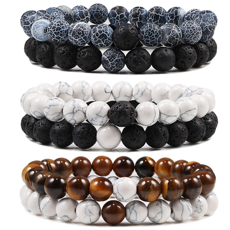BlackPluss - Set Bracelet Couples Distance Black White Natural Lava Stone Tiger Eye