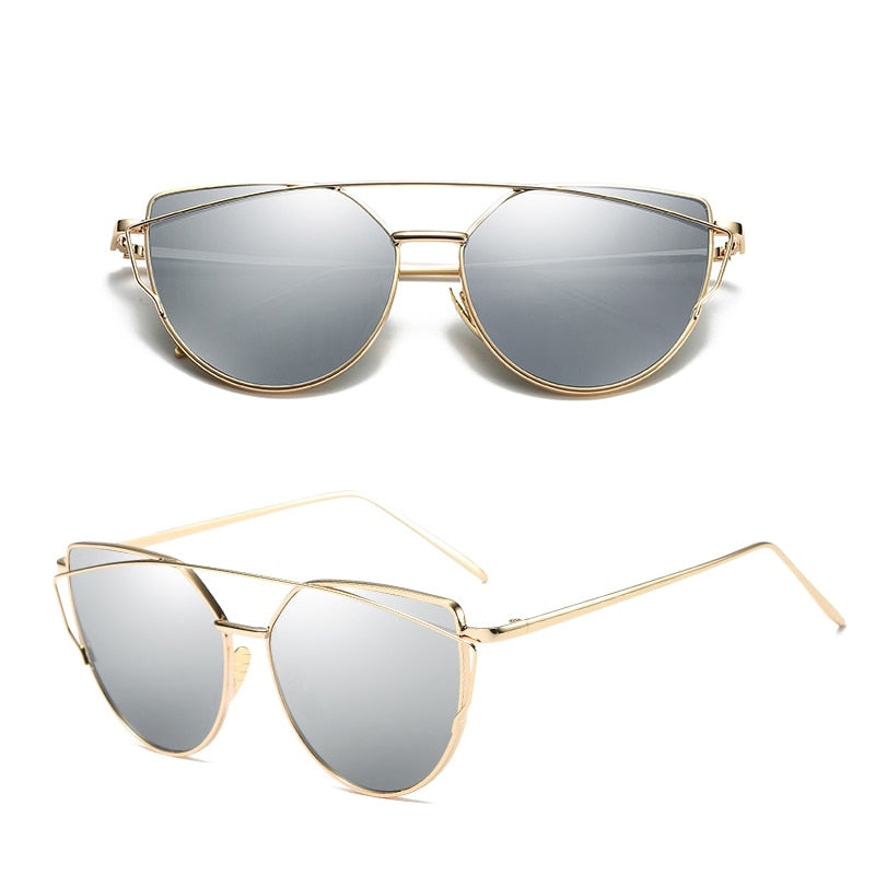 BlackPluss - Cat Eye Vintage Rose Gold Mirror Woman's Sunglasses Metal Reflective.