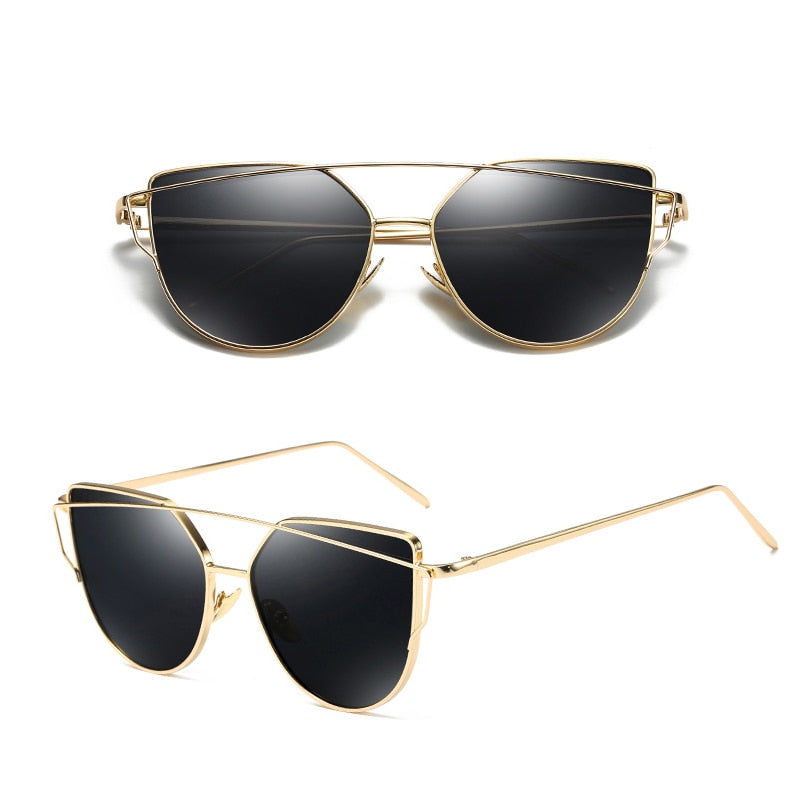 BlackPluss - Cat Eye Vintage Rose Gold Mirror Woman's Sunglasses Metal Reflective.