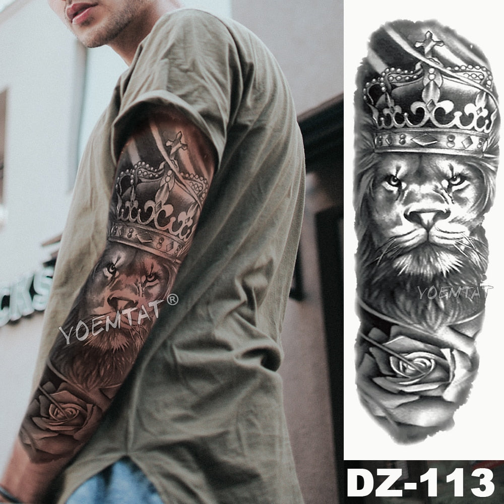 BlackPluss - Large Arm Sleeve Tattoo Lion Crown King Rose Waterproof