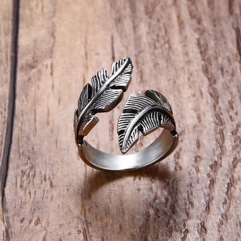 BlackPluss - Ring Men Angel Feather Stainless Steel Vintage Feathers Wrap Punk Bike.