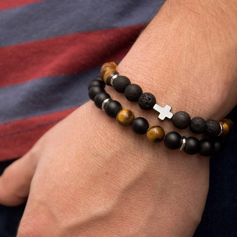 BlackPluss - 2pcs/set Beaded Bracelet Men 8mm Lava Tiger Eye Stone Bead Charm.