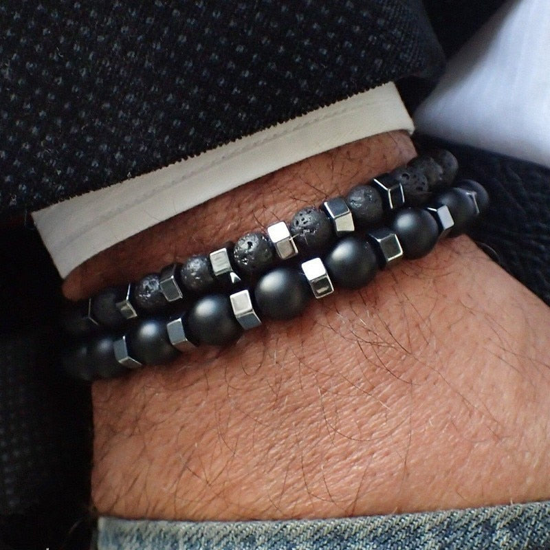 BlackPluss - 2pcs/set Beaded Bracelet Men 8mm Lava Tiger Eye Stone Bead Charm.