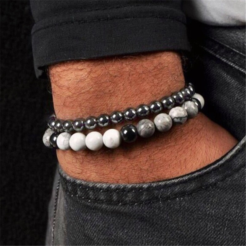 BlackPluss - 2pcs/set Beaded Bracelet Men 8mm Lava Tiger Eye Stone Bead Charm.