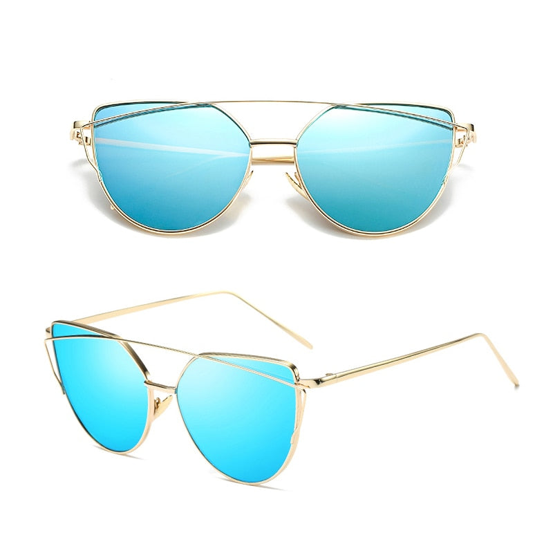 BlackPluss - Cat Eye Vintage Rose Gold Mirror Woman's Sunglasses Metal Reflective.