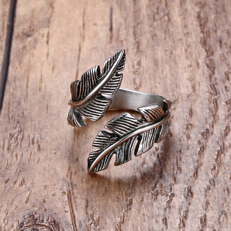 BlackPluss - Ring Men Angel Feather Stainless Steel Vintage Feathers Wrap Punk Bike.