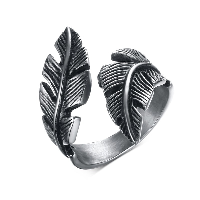BlackPluss - Ring Men Angel Feather Stainless Steel Vintage Feathers Wrap Punk Bike.