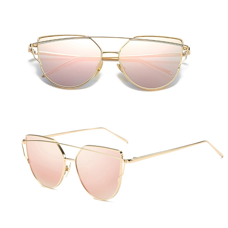 BlackPluss - Cat Eye Vintage Rose Gold Mirror Woman's Sunglasses Metal Reflective.
