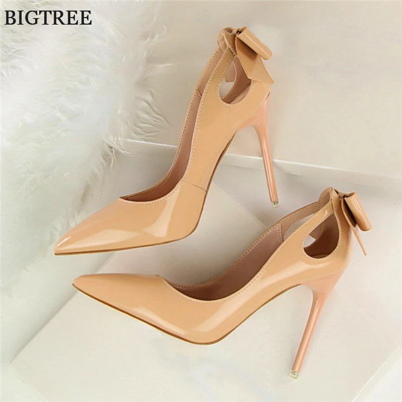 BlackPluss - Spring Patent Leather Fashion Bowtie Women's Shoes Back Heel.