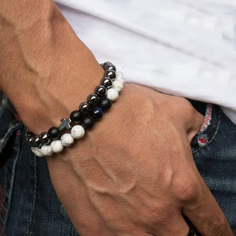 BlackPluss - 2pcs/set Beaded Bracelet Men 8mm Lava Tiger Eye Stone Bead Charm.