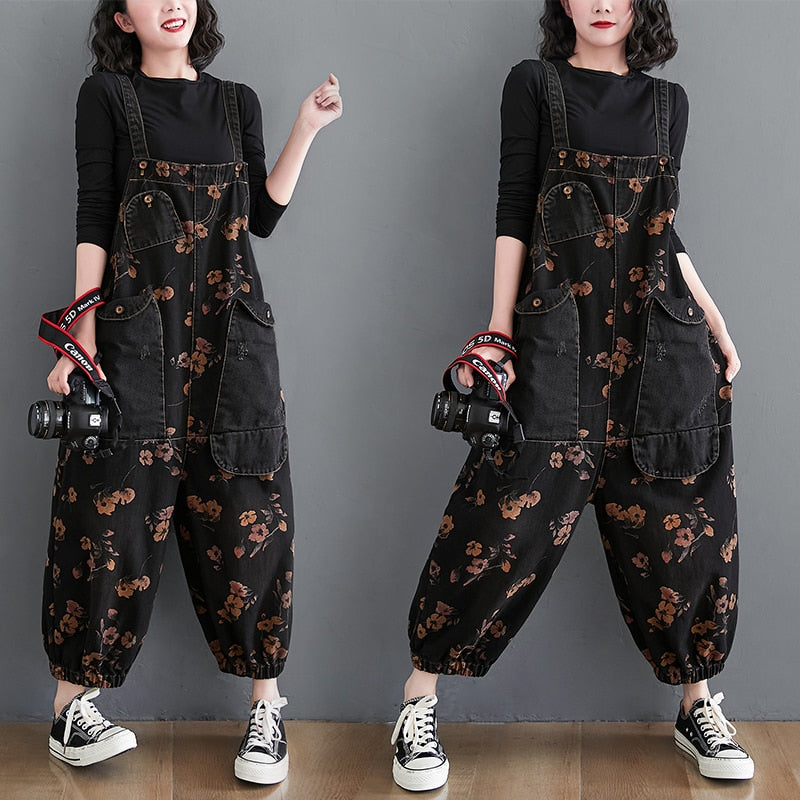 Black Pluss - Casual Oversized Baggy Ladies Pants Big Pockets Print Floral Denim.