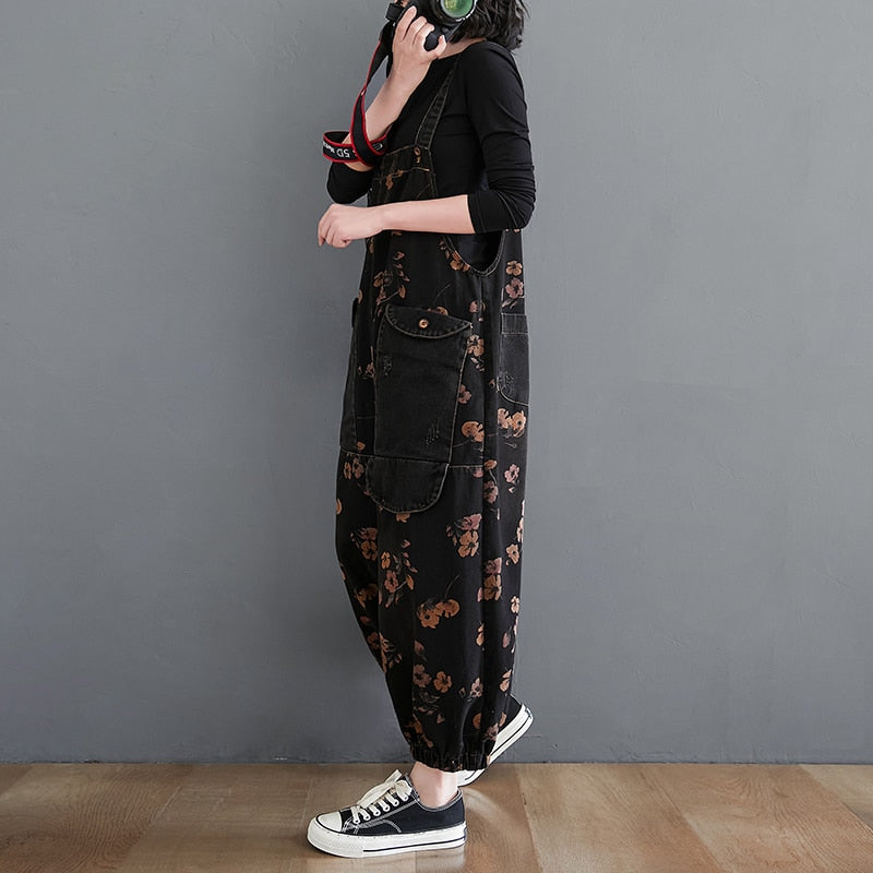Black Pluss - Casual Oversized Baggy Ladies Pants Big Pockets Print Floral Denim.