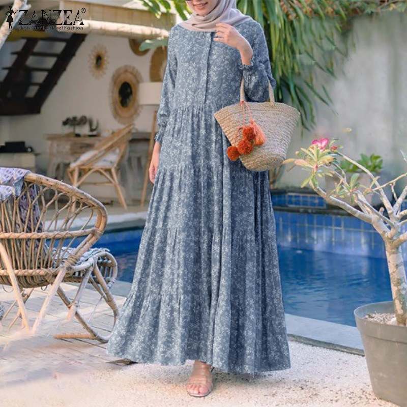 BlackPluss - Retro Floral Print Muslim Dress Womens Fashion Rayon Long Vestidos Casual Loose Ruffle Dresses