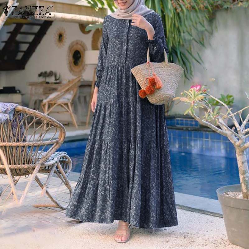 BlackPluss - Retro Floral Print Muslim Dress Womens Fashion Rayon Long Vestidos Casual Loose Ruffle Dresses