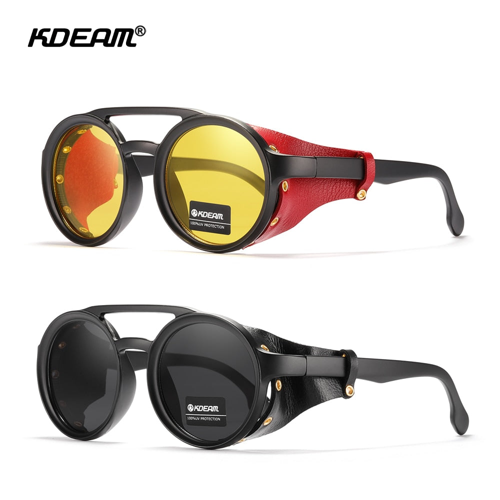 BlackPluss - Vintage Round Sunglasses Men Leather Shield Sun Glasses