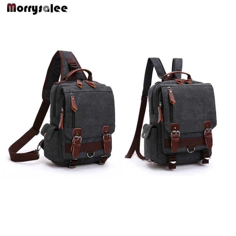 Black Pluss - Canvas Bag Men Bag Retro Shoulder Solid Color Zipper.