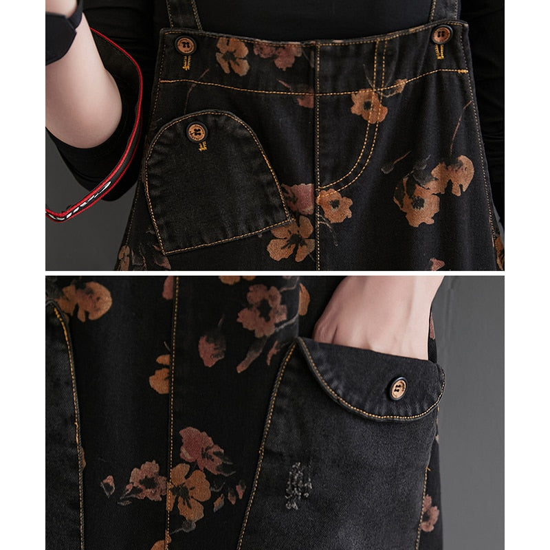 Black Pluss - Casual Oversized Baggy Ladies Pants Big Pockets Print Floral Denim.