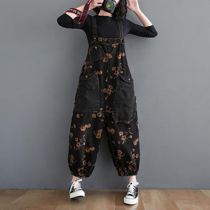 Black Pluss - Casual Oversized Baggy Ladies Pants Big Pockets Print Floral Denim.