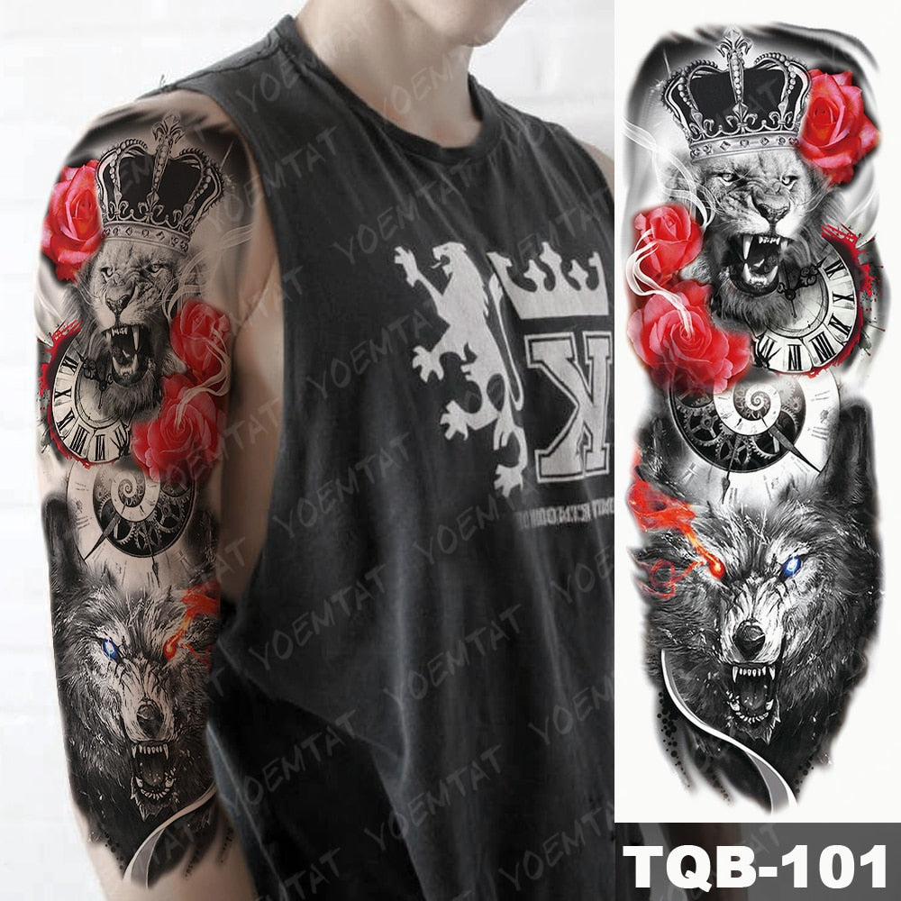 BlackPluss - Large Arm Sleeve Tattoo Lion Crown King Rose Waterproof