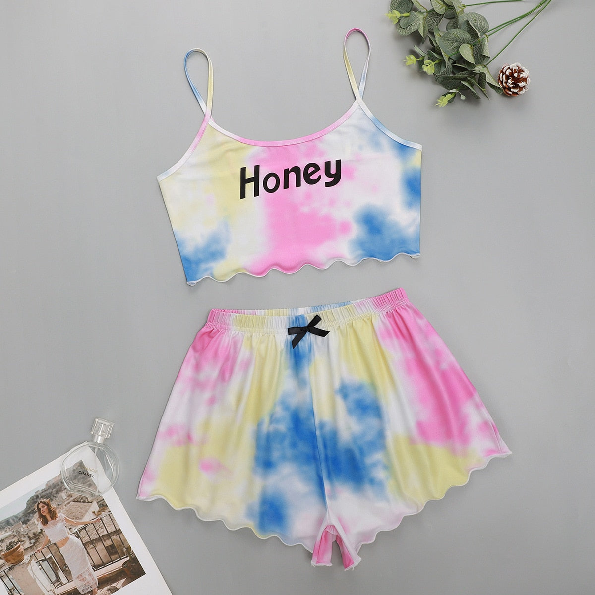 BlackPluss - Spaghetti Strap Letter Print Pajama Set Sleeveless Trim Pyjamas.