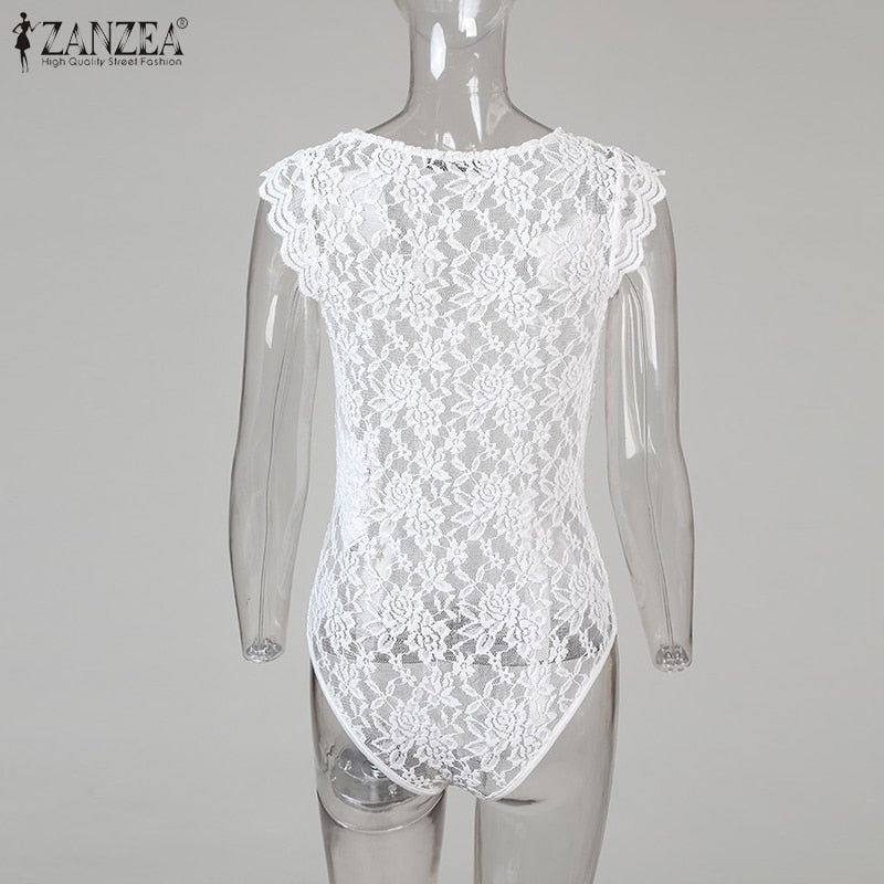 BlackPluss - Bodysuits ZANZEA Women Solid V Neck Floral Lace Crochet.