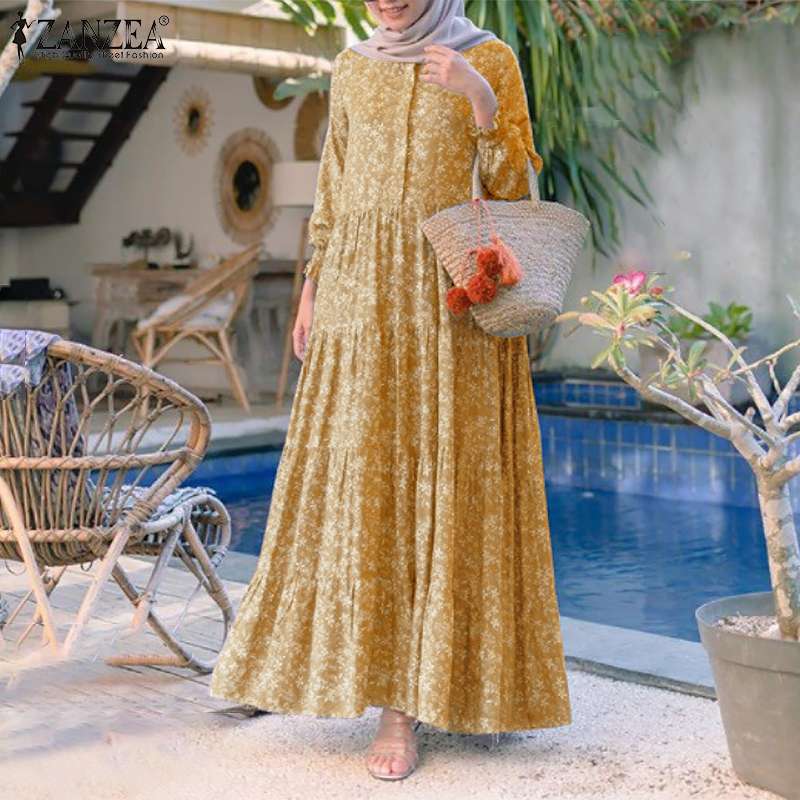 BlackPluss - Retro Floral Print Muslim Dress Womens Fashion Rayon Long Vestidos Casual Loose Ruffle Dresses