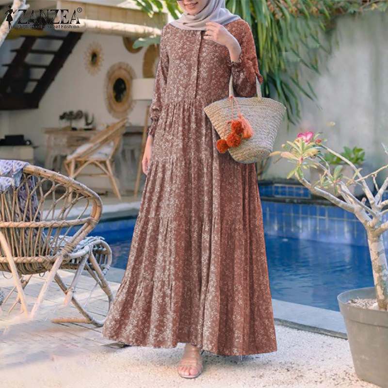 BlackPluss - Retro Floral Print Muslim Dress Womens Fashion Rayon Long Vestidos Casual Loose Ruffle Dresses