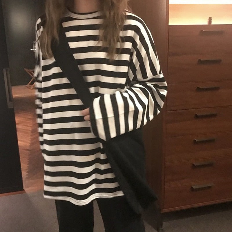 BlackPluss - pring Autumn Women harajuku Striped Tshirt Long Sleeve O-Neck.