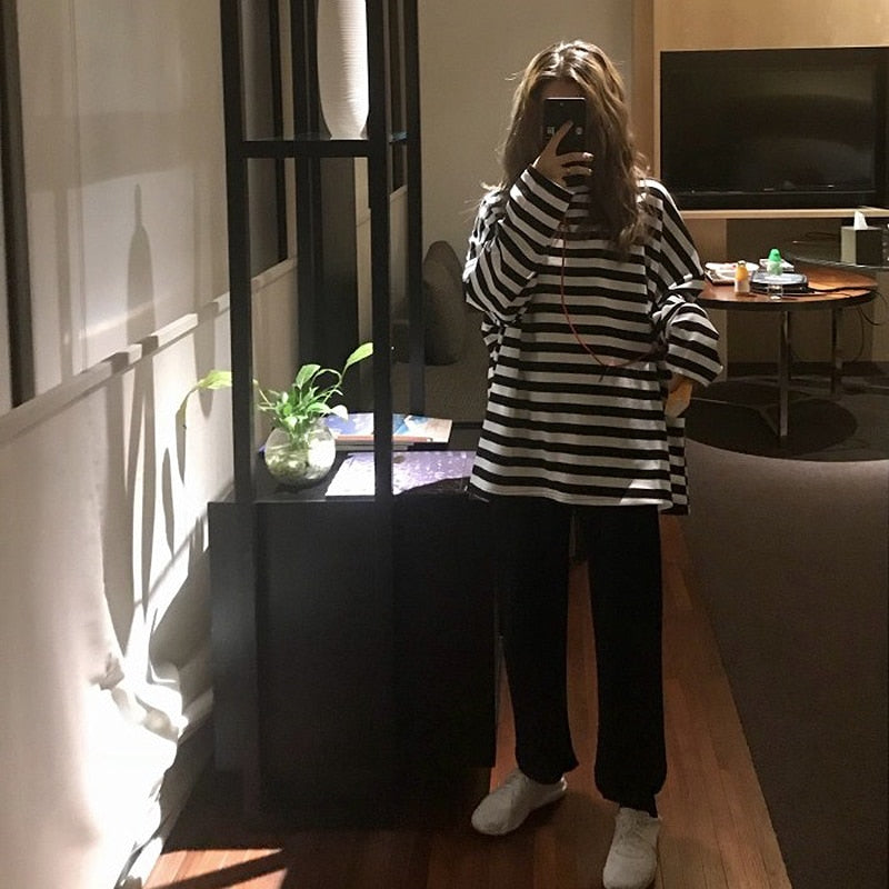 BlackPluss - pring Autumn Women harajuku Striped Tshirt Long Sleeve O-Neck.