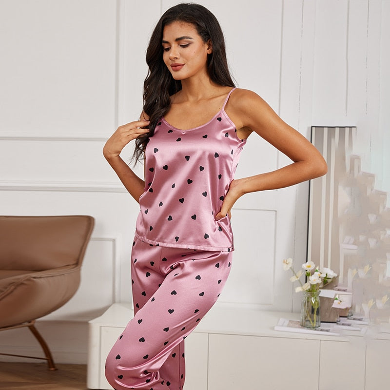 BlackPluss - Sexy Lingerie Silk Pajamas Set Sleepwear Satin Cami Vest with Trousers.